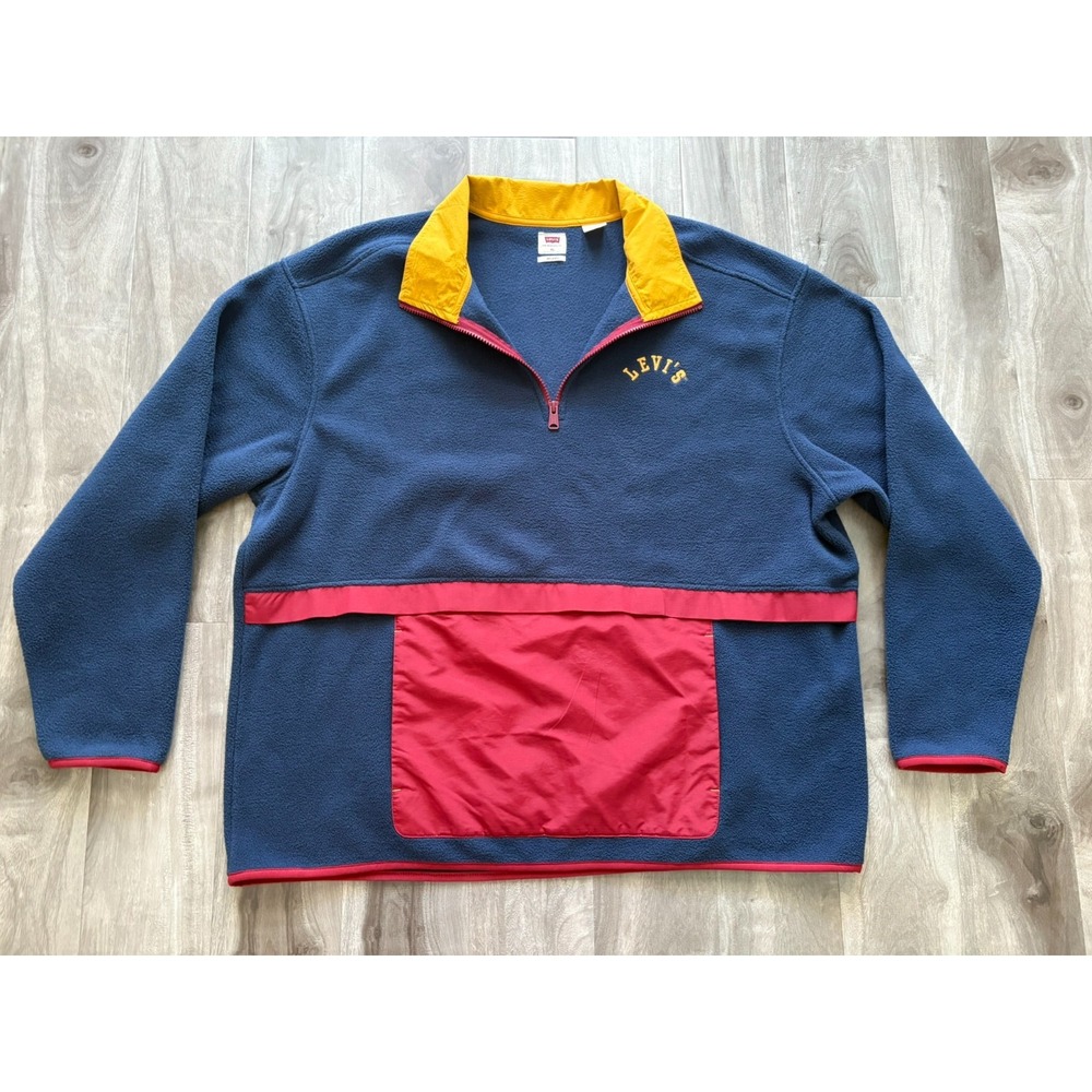 Levi's Mens XL Fleece Pullover 1/4 Zip Sweatshirt Blue Red Yellow Colorblock Ret